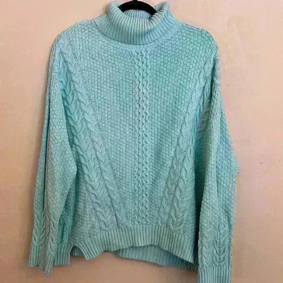 Ana Womens Cozy Turtleneck Chunky Cable Knit Sweater Aqua Blue Size Large - Picture 1 of 11